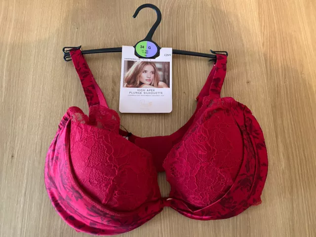 BNWT M&S Rosie @ Autograph Red Silk & Lace Padded Sexy Plunge Bra Size 34G