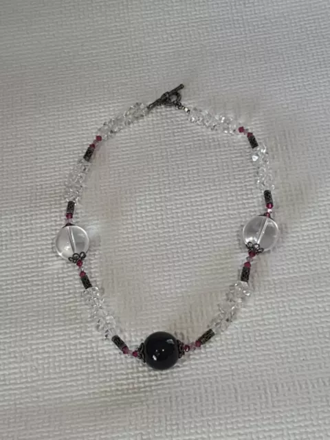 Vintage Sterling Silver Rock Crystal & Black Tourmaline Beaded Necklace