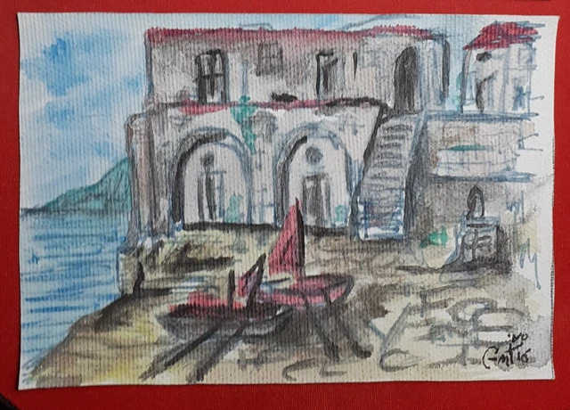 Quadri Disegno Su Tela Paesaggio Borgo Dipinto A Mano Bello 9 X 13 Arredo Casa