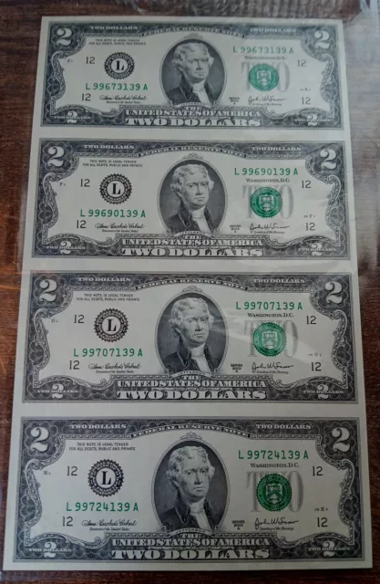 2003A $2 Uncut Sheet Of 4 Federal Reserve Notes PQ San Francisco Banknote Ferns