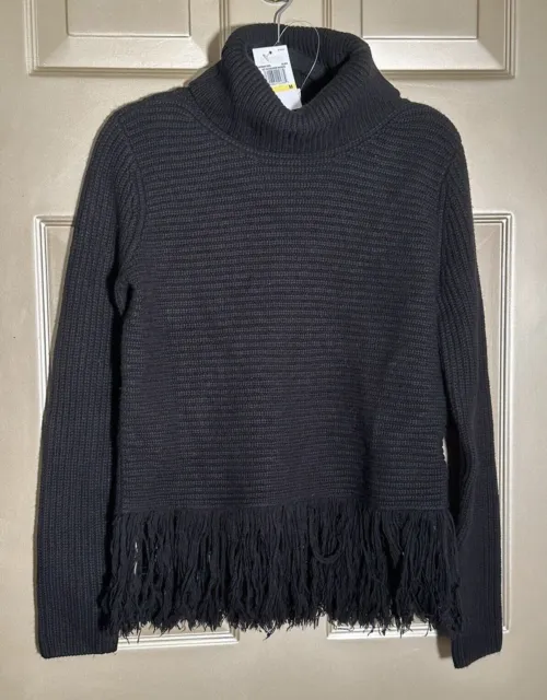 MICHAEL KORS Black Fringed Merino Wool & Cashmere Turtleneck Sweater Sz M