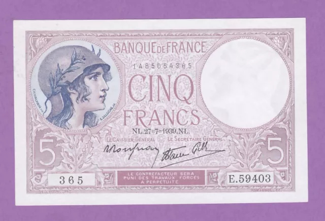 (Ref: E.365)  5 FRANCS VIOLET 27/07/1939 (NEUF)