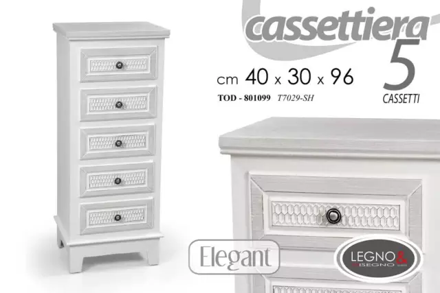 CASSETTIERA 5 CASSETTI SHABBY CHIC SETTIMINO DECAPE BIANCO ELEGANTE 96*40*30 cm