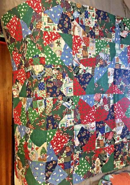 Handmade Holiday Christmas Multicolored Patchwork Crazy Quilt Topper ONLY49 x 48