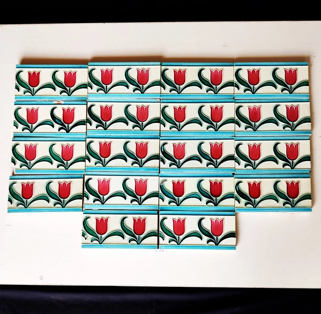 1940s Architecture Border Japanese Tile Floral Majolica Art Nouveau - Set of 18