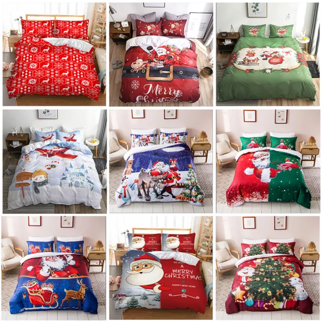 Snowflake Deer Santa Claus Christmas Gift Tree Doona Duvet Quilt Cover Bed Set