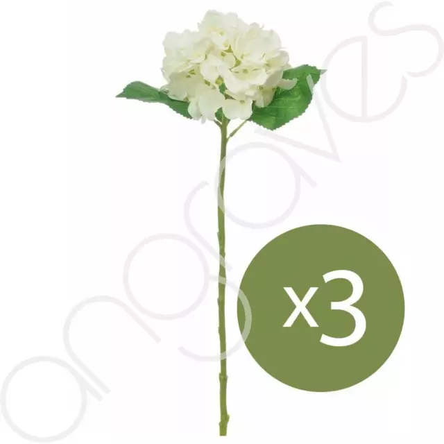 Set of 3 Ivory White Single Pretty Hydrangra Artificial Silk Flower Stems (60cm)