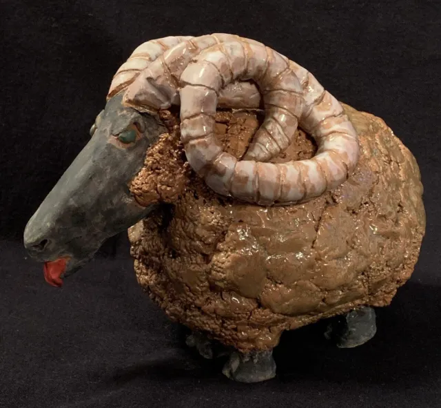 VTG MCM Blackface Curly Horned Scottish Ram Studio Pottery Figurine 7.75"