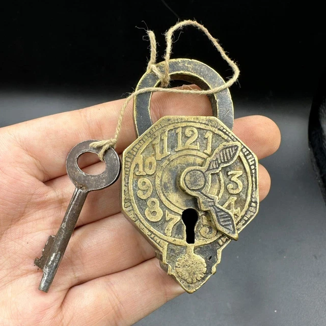 Ancient British European Iron Lock With Clock Design - 18th Century