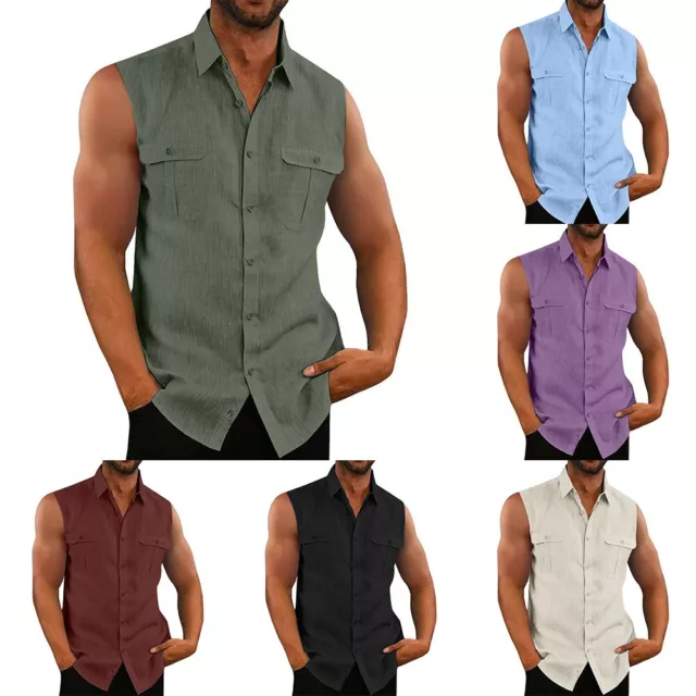 Camicia da uomo traspirante senza maniche abbottonata con design in tinta unita