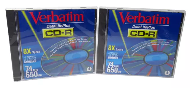Lot Of 2 Verbatim DataLifePlus 8X Speed 74 Min. 650 MB Recordable Discs - Sealed