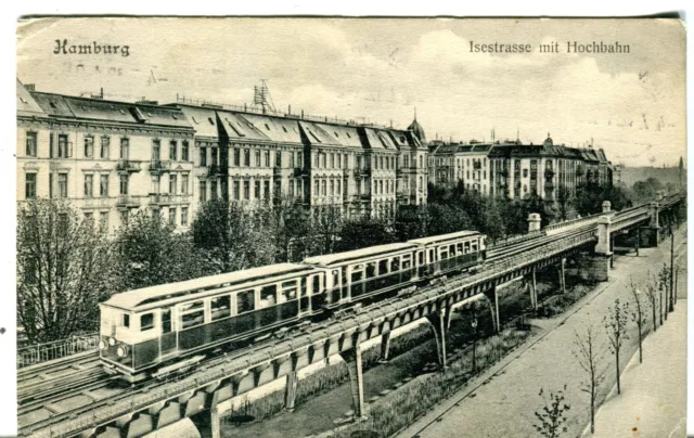 Germany AK Hamburg 20144 - Isestrasse mit Hochbahn Zug Train 1912 cover postcard