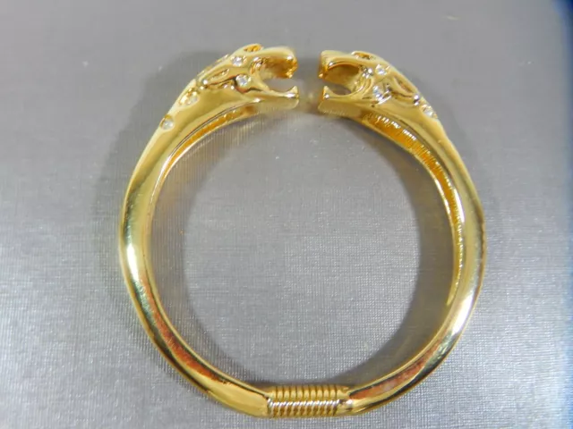 Kenneth Jay Lane Kjl  Double Panther Jaguar Head Gold Tonecrystal Cuff Bracelet