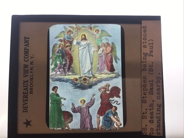 Antique Color Glass Magic Lantern Bible Slide ST STEPHEN STONED TO DEATH