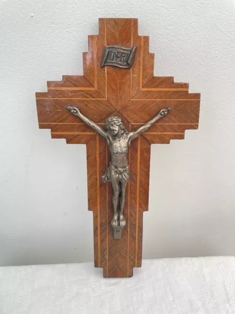 10” Antique French Cross Crucifix Inlayed Wood Wall Christ Silver Cast Metal