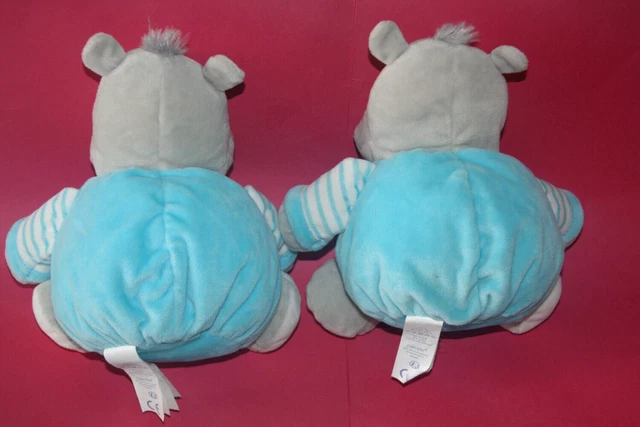 Obaibi Okaidi 2 Doudou Peluche Rhinoceros Boule Grelot Gris Bleu Etat Neuf 2