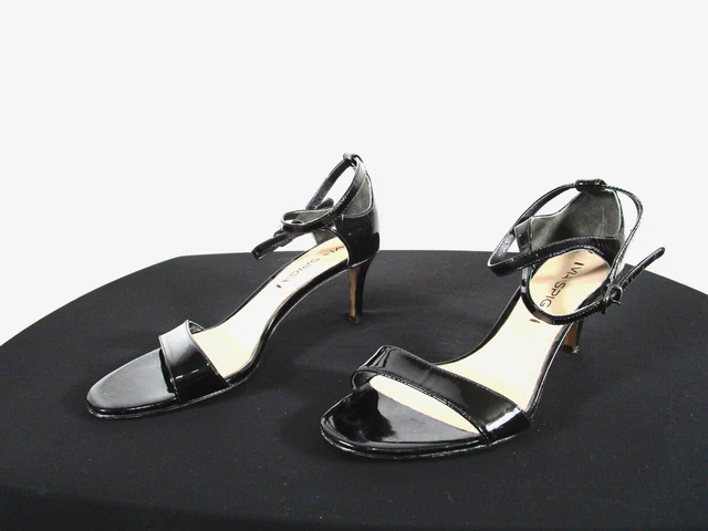 Via Spiga Black Patent Leather Ankle Strap Medium Heel Sandal Shoes Women Sz 6 M