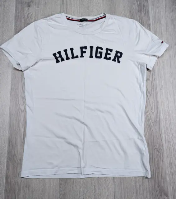 TOMMY HILFIGER Mens T Shirt White Black Spell Out Graphic Organic Cotton Size M