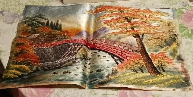 Old Asian Oriental Embroidery Wall Hanging Bridge River