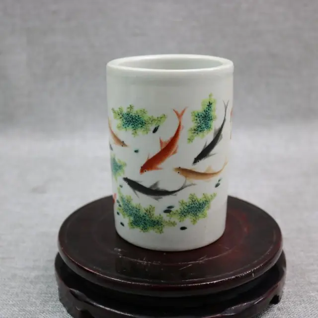 Chinese Porcelain Republic Of China Famille Rose Fish Pattern Brush Pots 4.52''