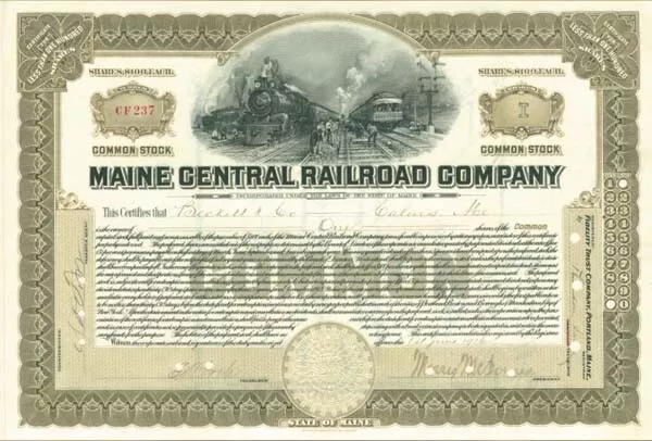 Maine Central Railroad Co. - Stock Certificate - Railroad Stocks