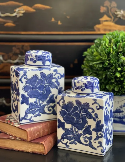 Stunning Rectangular Blue White Chinoiserie Export Ginger Jar Tea Caddy Pair 7” 2
