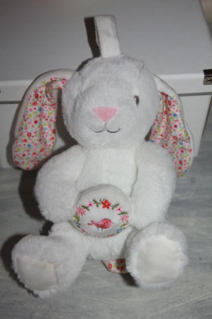 Doudou Peluche Pommette Lapin Lanc Musical Fleur Rose Oiseau   Neuf*