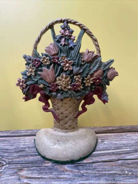 Midwest Importers Decorative Cast Iron Door Stop Basket Of Flowers Bouquet