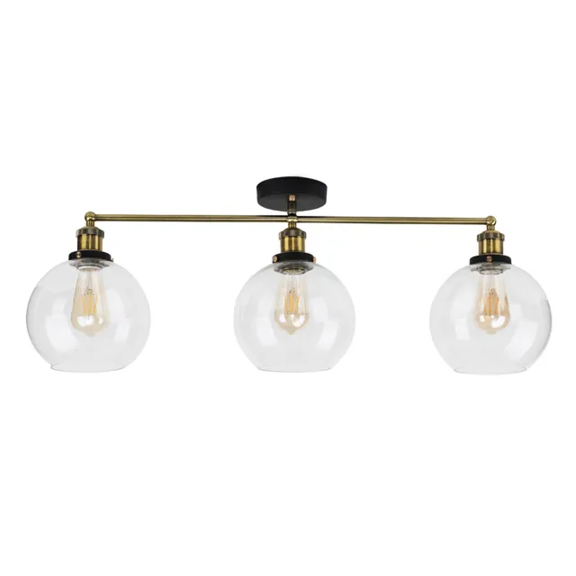 Metal Ceiling Light Fitting Clear Glass Globe Shades Industrial 3 Way Lighting