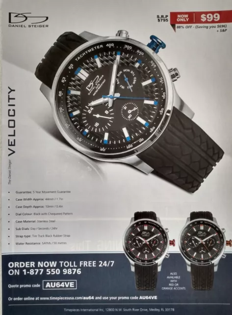 2016 DANIEL STEIGER Velocity WATCH PRINT AD - Tire Track Band Wall Decor Art