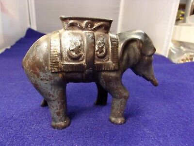 120yr old? VTG ANTIQUE CAST IRON BANK - ASIAN ELEPHANT WITH SADDLE & BLANKET