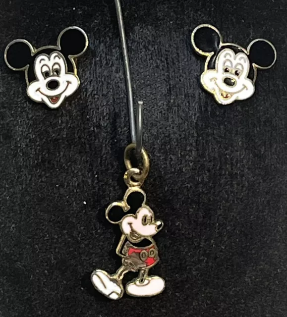 VTG Mickey Mouse Post Earrings & Pendant Walt Disney Cloisonné Enamel Gold Toned