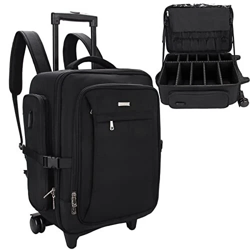 Relavel Rolling Makeup Case, Makeup Backpack Professional Extra Large Black