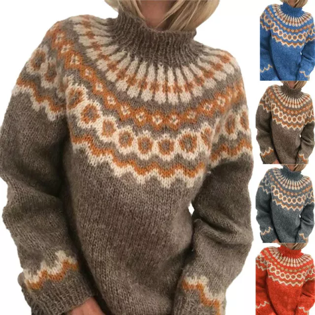 Women Jacquard Mock Neck Sweater Jumper Chunky Knitted Long Sleeve Pullover Tops