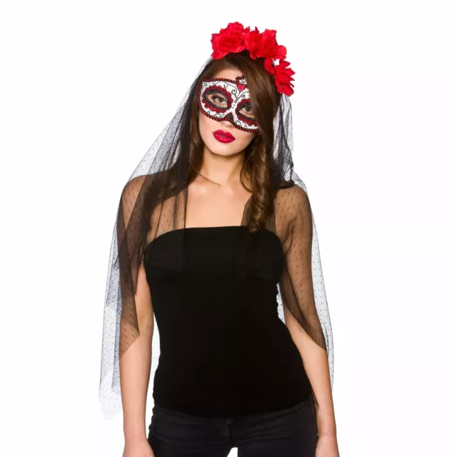 Adults Day Of The Dead Deluxe Mexican Mask & Veil Fancy Dress Costume Accessory