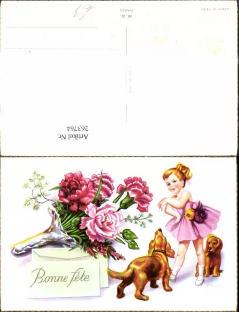 263764,Künstler Ak Kinder Mädchen m. Hunde Brief Kuvert Nelken Blumen Bonne fete