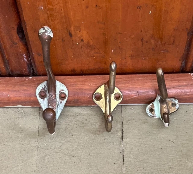 Lot of 3 Vintage/Antique Coat/Hat Hooks Curved Small Medium Large Metal Brass?