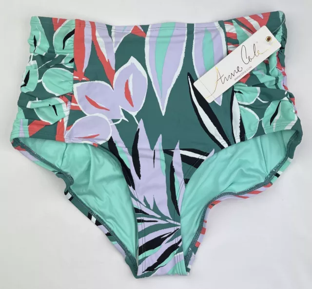 Anne Cole Side Shirred High Waist Bikini Bottom Floral Tropical Green Size L