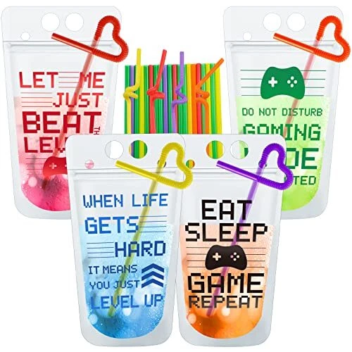 Video Game Party Favors Drink Pouch Cups with Straws Plastic Drink Pouches 24