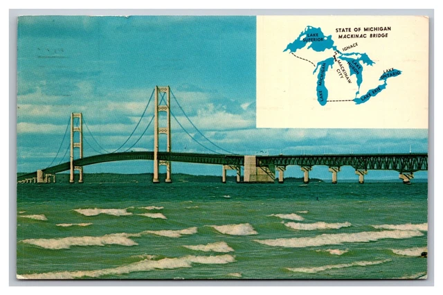 Mackinaw City MI Michigan The Mackinac Bridge Great Lakes Postcard Posted 1967