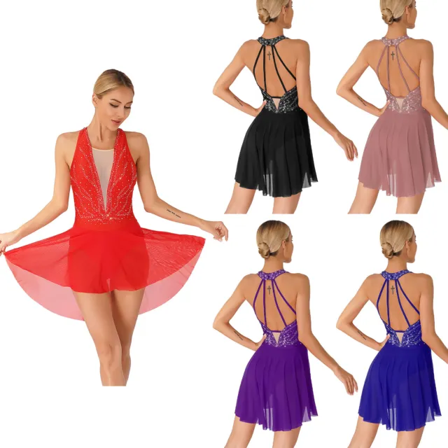 UK Womens Ice Skating Dress Invisible Zipper Dance Competition Costume Glittery