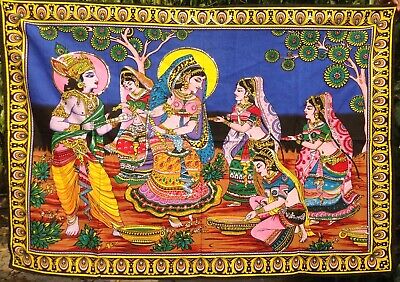Radha Krishna Tenture indienne Batik murale Paillettes Yoga Inde Hindou Coton A2