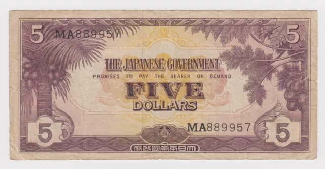 Malaya 5 Dollars Japanese Occupation Note WW2 with serial no. PM6a Fine