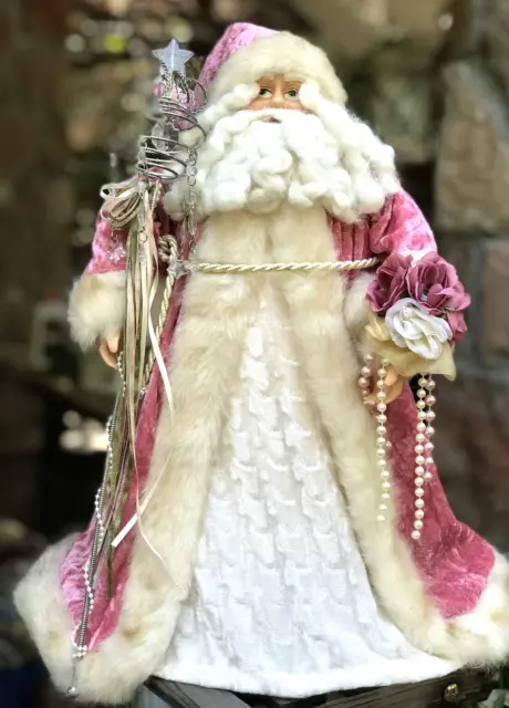 Victorian Santa Claus Figure Tree Topper Pink Robe w/Fur Trim Curly Beard 17"