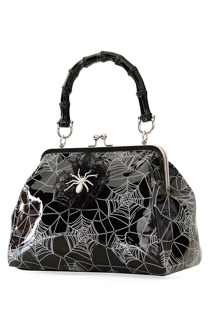 Schwarz Retro Glitzer bedruckt Netz Spinne Brosche Killian Handtasche Tasche VERBOTEN Kleidung