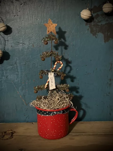 Grubby PriMiTiVe Christmas Tree Old Red Graniteware Cup OOAK Folk Art GP