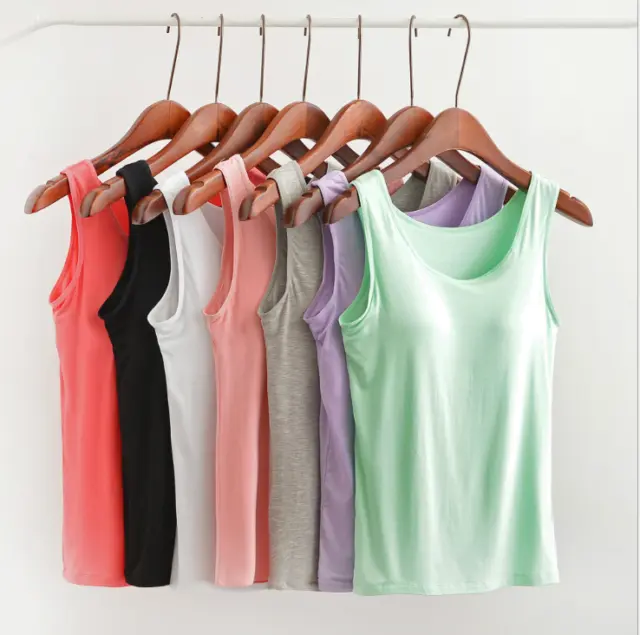 Womens Modal Built-in Bra Padded Camisole Yoga Tanks Tops Adjustable Strap  US