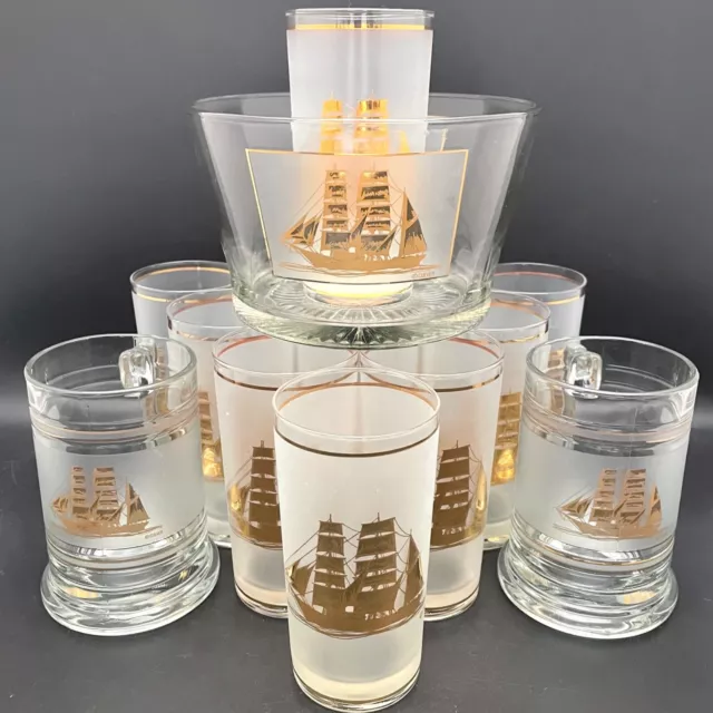 Culver Barware 22Kt Gold Clipper Ship Frosted 14 Piece Beverage Set Made in USA