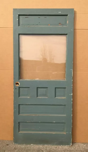 1 Antique Single Exterior 6 panel 34x77 Door VTG Blue/Gray Glass Old 1700-21B