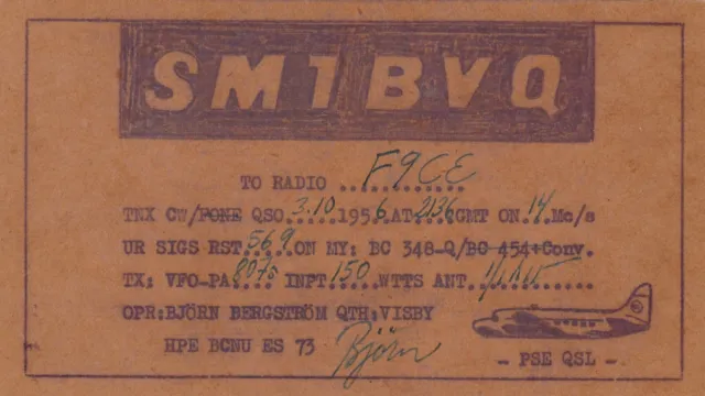 Carte QSL Radio Amateur Opérateur SM1BVQ de B BERGSTROM  SUEDE